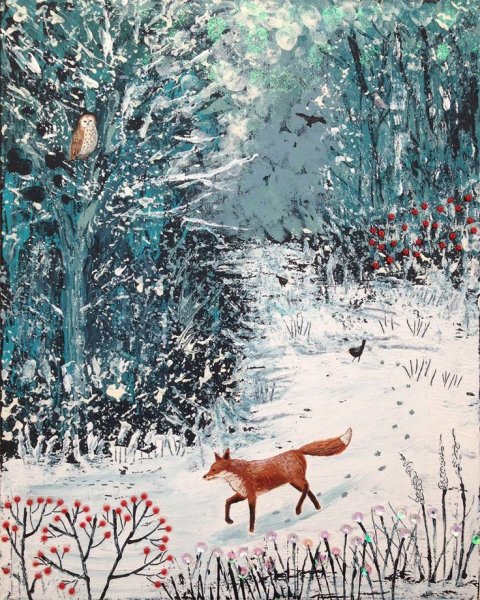 Лиса в зимнем лесу арт