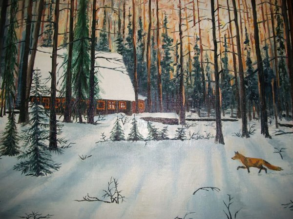 Лиса зима акварель