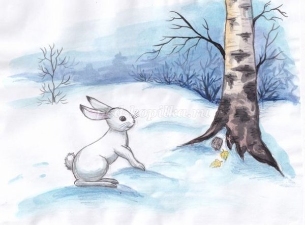 Рисование заяц зимой в лесу для детей