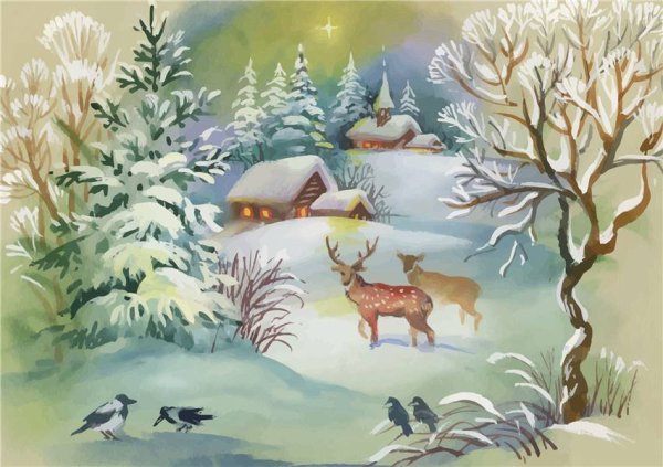 Зимний пейзаж с оленёнком рисунок