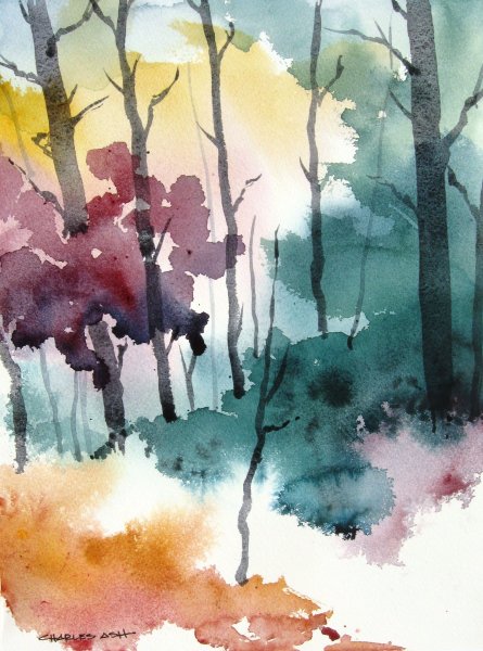 Пейзаж акварелью по мокрому