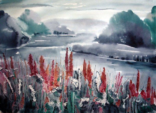 Техника по сырому акварелью