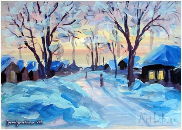 Пейзаж гуашью зима