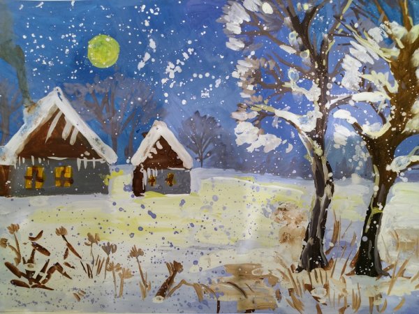 Зимний вечер гуашью