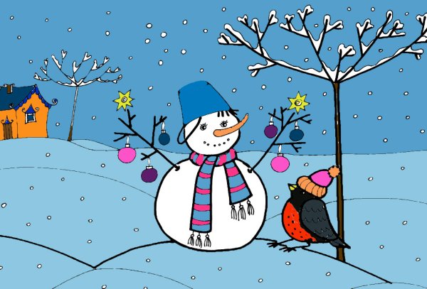 Зимний пейзаж с домиком и снеговиком