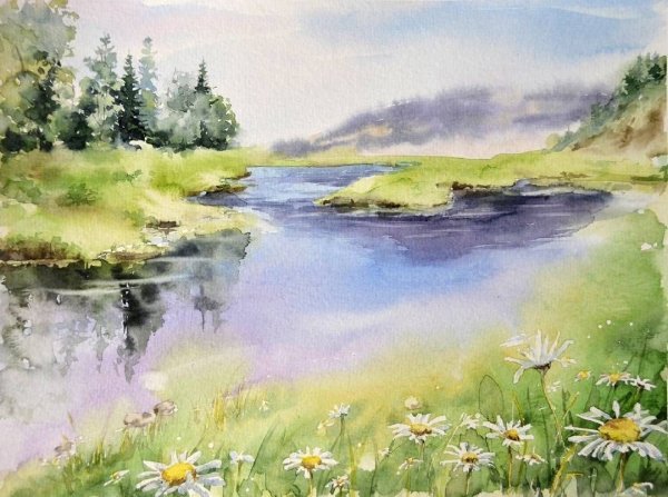 Летний пейзаж акварелью