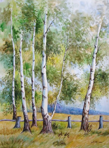 Летний пейзаж акварелью