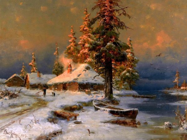 Юлий Юльевич Клевер зимний пейзаж с избушкой