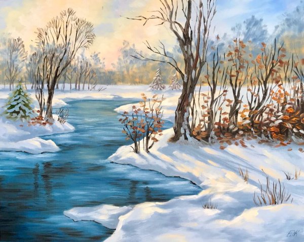 Зимняя речка рисунок