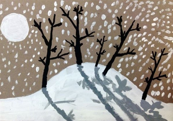 Зимний пейзаж гуашью и ватными палочками