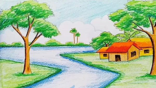 Пейзаж карандашом в цвете