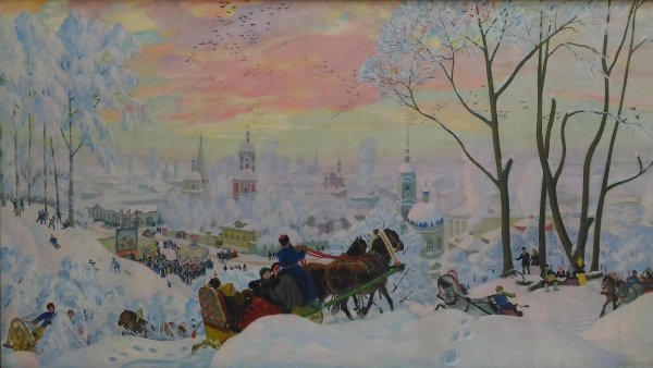 Зимний пейзаж Масленица Кустодиев