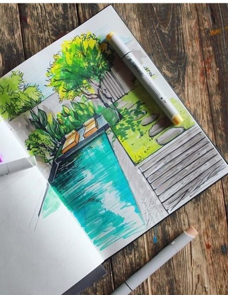 Пейзаж скетч маркерами
