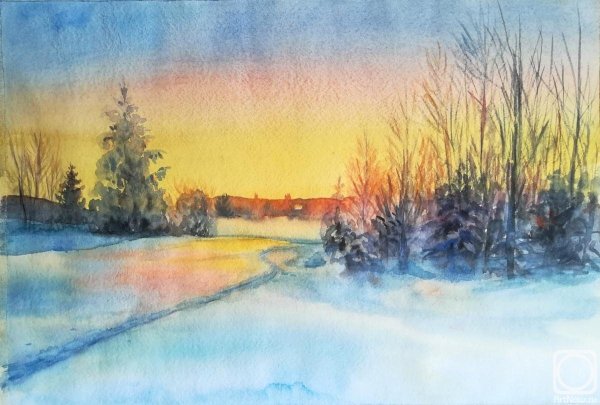 Зимний закат акварель