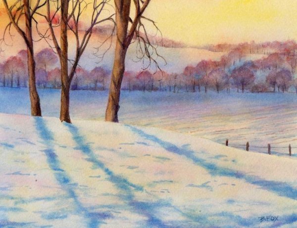 Зимний Солнечный пейзаж акварель
