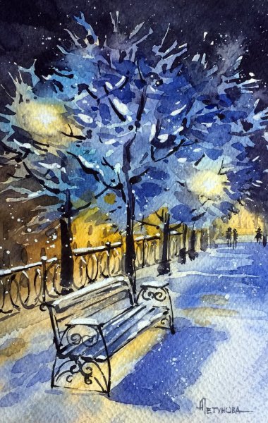 Зимний город гуашью