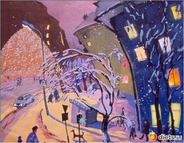 Зимний город гуашью