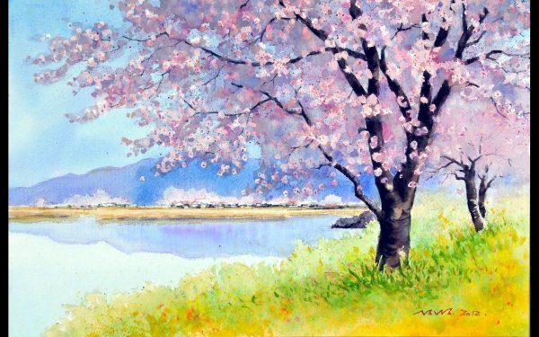 Весенние деревья акварелью