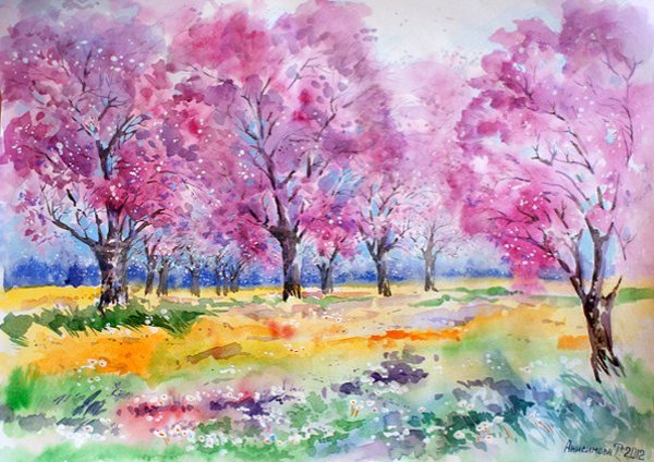 Цветущие сады акварель