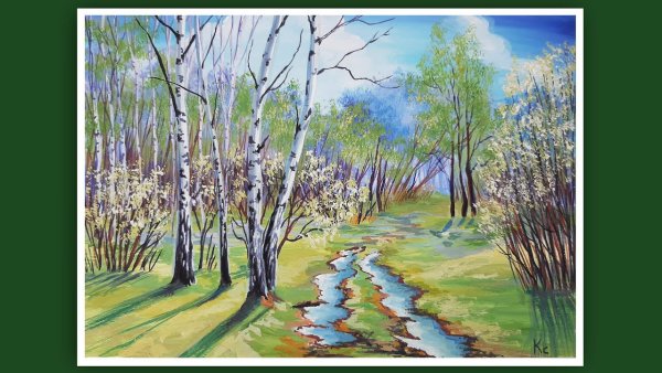 Весенний пейзаж с вербой рисунок