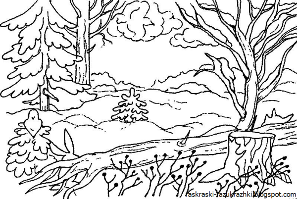 Зимний пейзаж раскраска