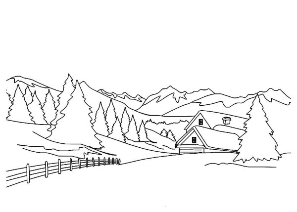 Зимний пейзаж раскраска для детей