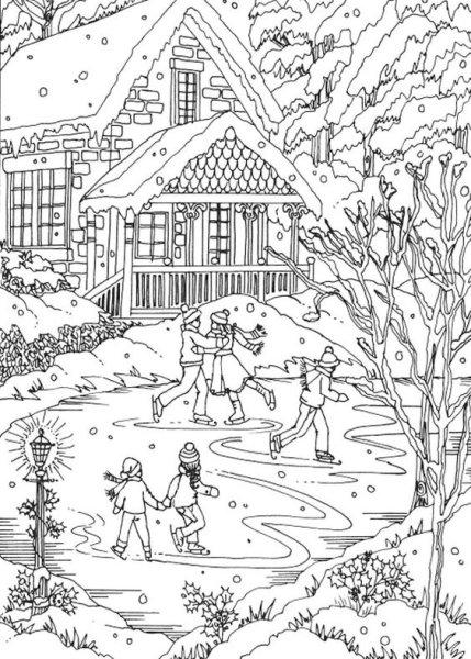 Зимний пейзаж раскраска