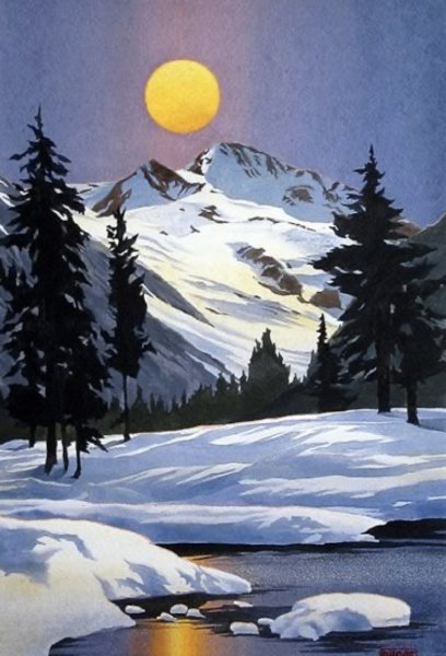 Пейзаж гуашью зима