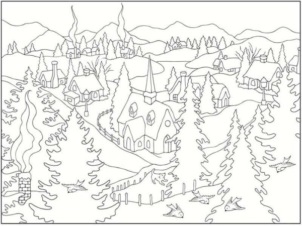 Зимний пейзаж раскраска