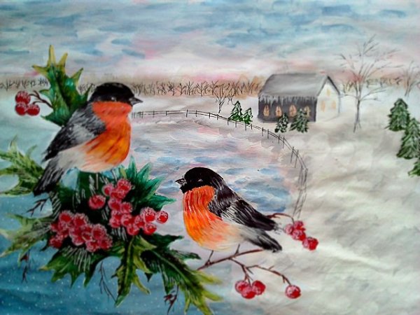 Снегири в зимнем лесу