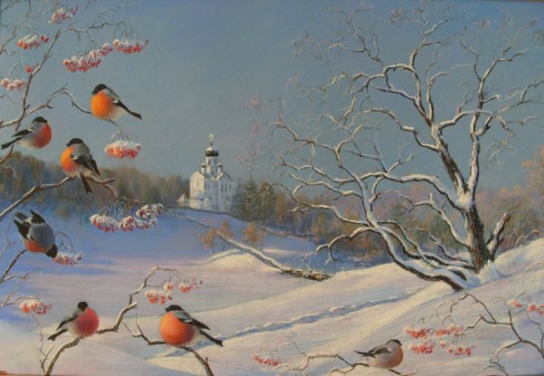 Живопись мастихином Снегири