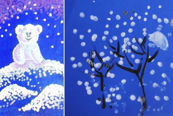 Рисование ватными палочками зимний пейзаж