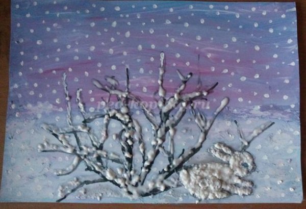 Рисование ватными палочками зимний пейзаж