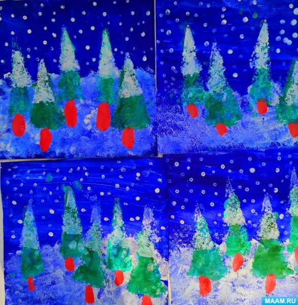 Зимний пейзаж ватными палочками