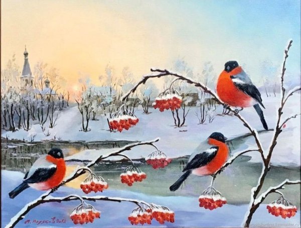 Зимний пейзаж со снегирями