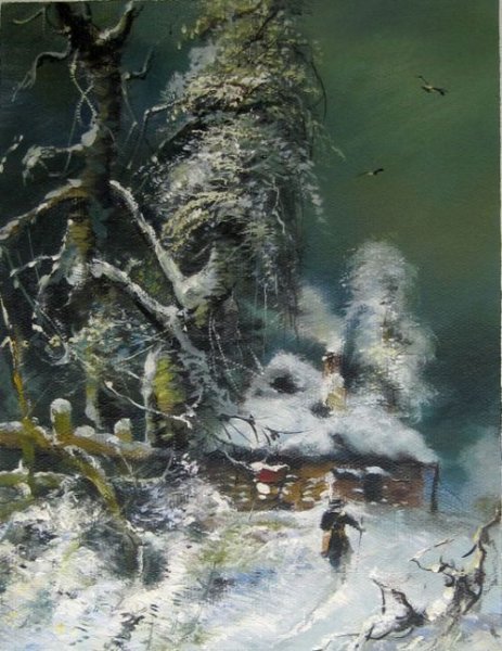 Картина зимний пейзаж с избушкой Юлия клевера