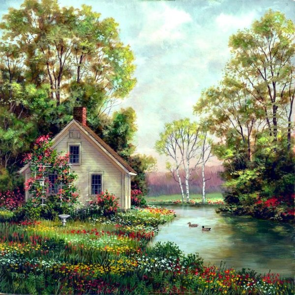 Пейзаж с домиком маслом