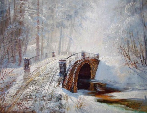 Зимний пейзаж с мостом