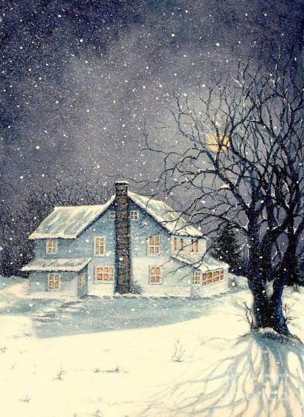 Ночной зимний пейзаж акварелью