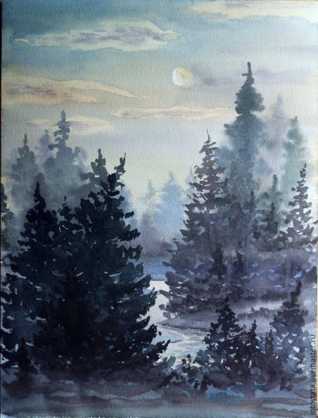 Ночной зимний пейзаж акварелью