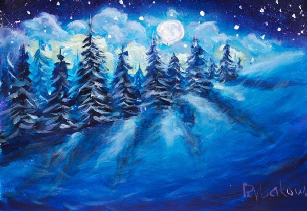 Зимний ночной лес гуашью