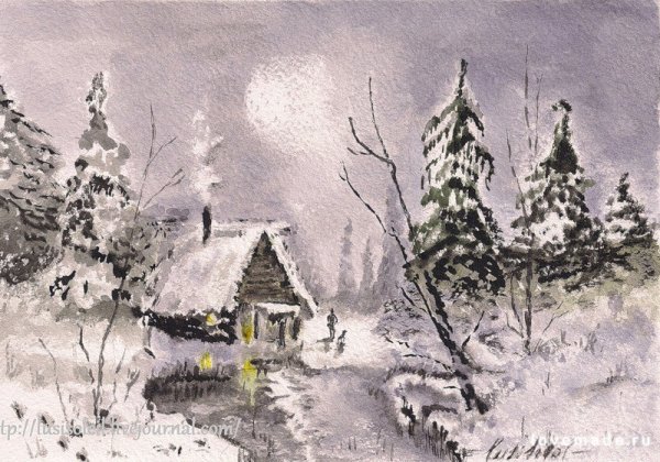 Акварель тушь зимний пейзаж