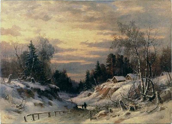 Пейзаж зимний закат арт