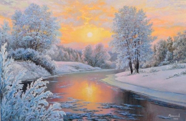 Пейзаж русской зимы красками
