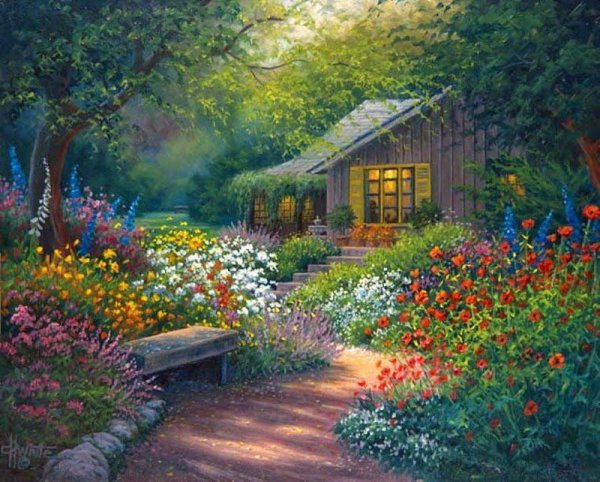 Пейзажи с цветами и домами