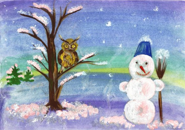 Рисование зимний пейзаж Снеговик