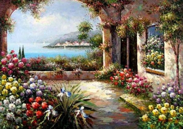 Итальянский дворик у моря живопись