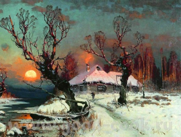 Юлий Клевер зимний закат в еловом лесу