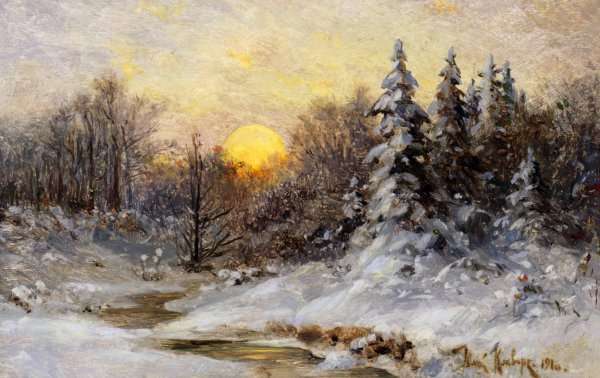 Юлий Клевер. «Зимний закат в еловом лесу». 1889.