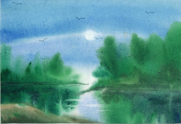 Акварель по сырому пейзаж